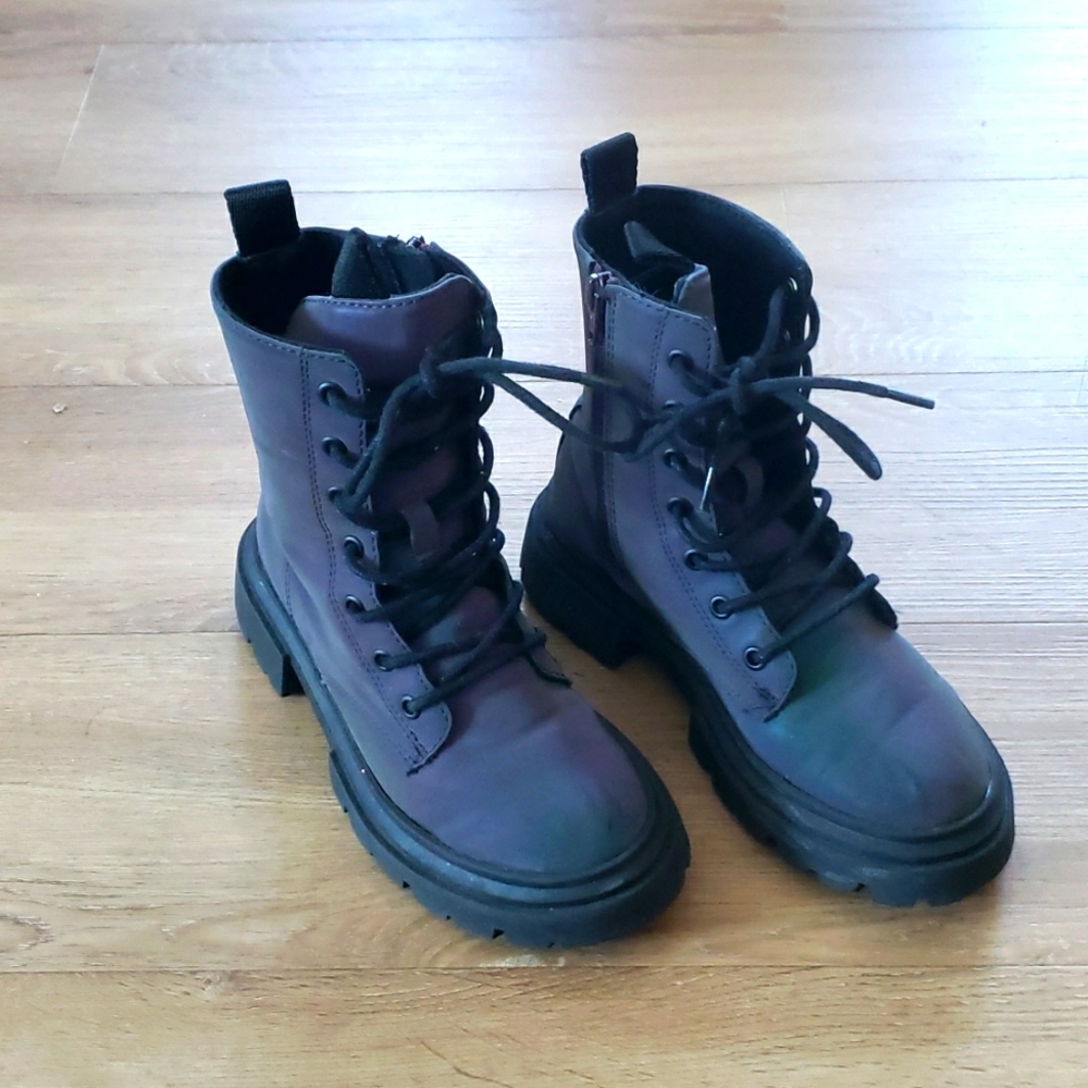Zara Kids Lilac Iridescent Girls Combat Boots Purple Green Ankle Boots.